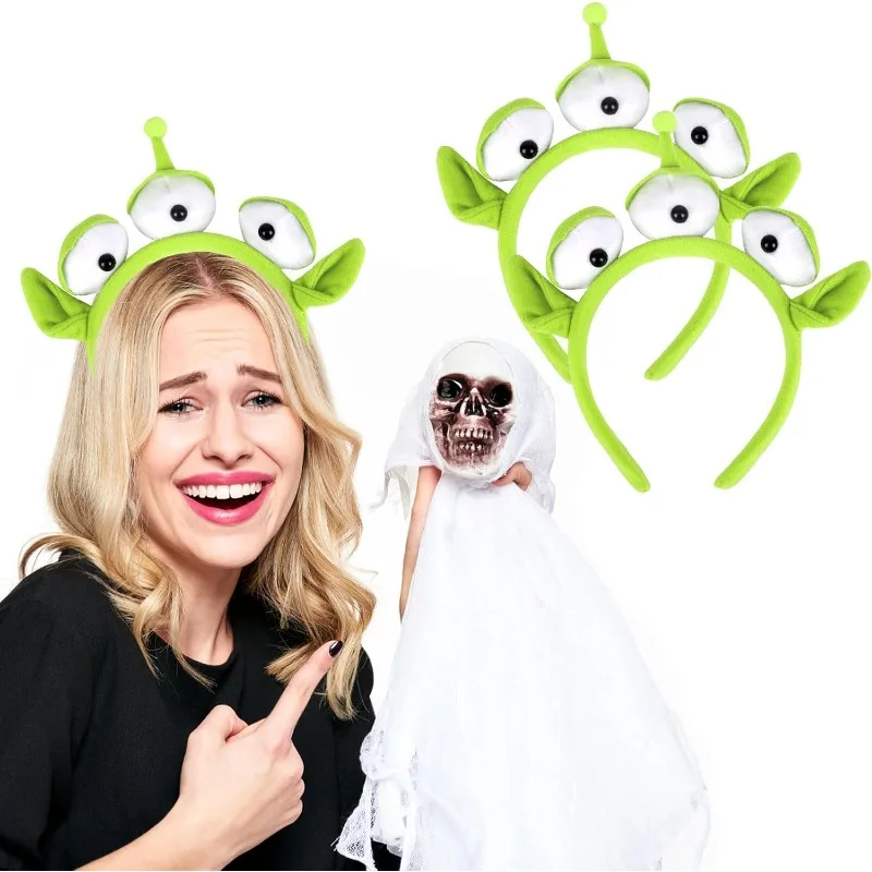 Paquete de 2 diademas de peluche de alienígena, diadema verde de alienígena de tres ojos, accesorios para la cabeza de peluche para fiestas de Halloween