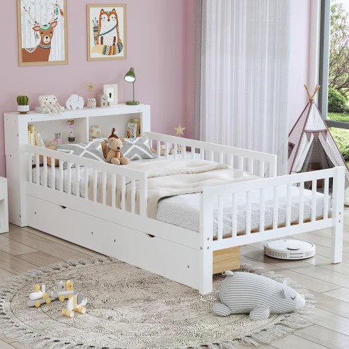 # Solid Wood Bed With Headboard Storage Rack Two Under-Bed Drawers Three-Side For Safety