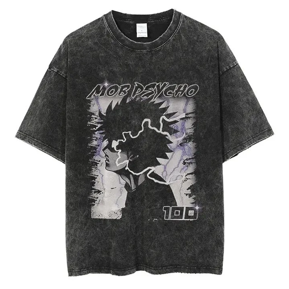 أنيمي موب النفسي 100 غسلها تي شيرت الشارع الشهير للرجال Harajuku الرسومات ريترو عادية موضة تي شيرت الصيف قصيرة الأكمام