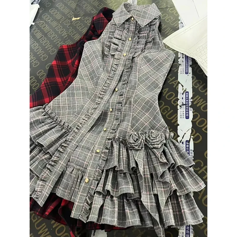 Plissado 3d rosa sem mangas vestido feminino xadrez chique único breasted em camadas bolo vestido verão estilo bonito doce harajuku mini vestido