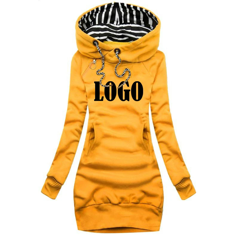 Customized Newest Women Hoodie Solid Color Hooded Long Sleeve Dress Hoodie Drawstring Sweatshirt Long Sweatshirt