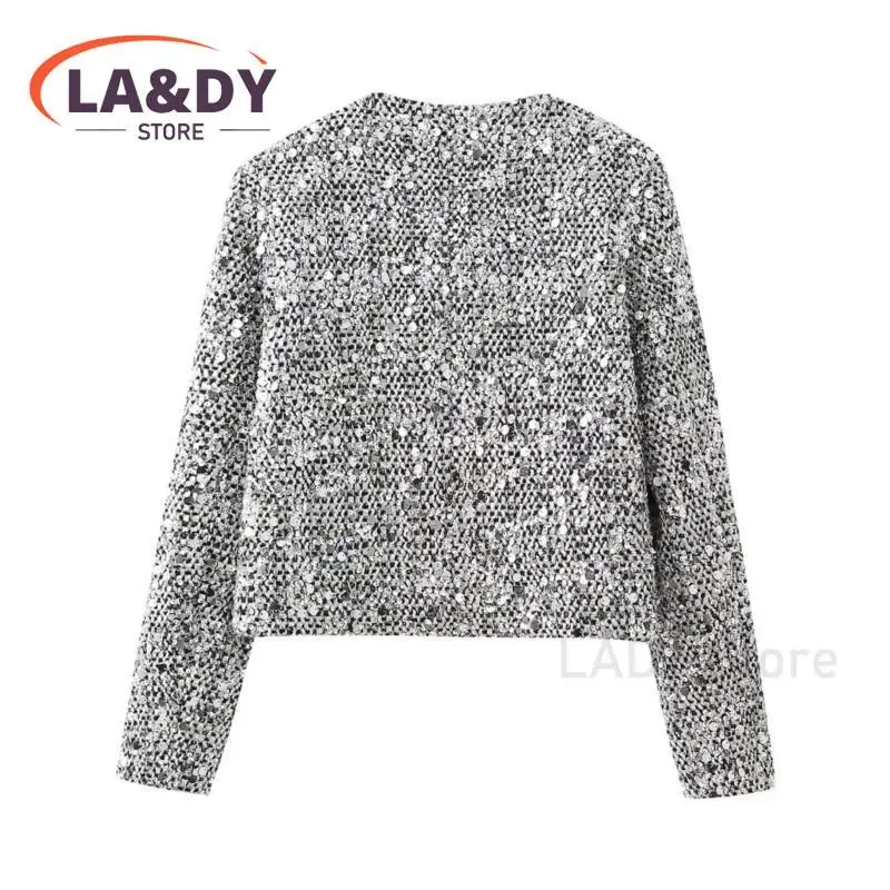 Women\'s Sequin Short Blazer Jacket 2024 New Female Fashion Street O Neck Long Sleeve Coats Outwear