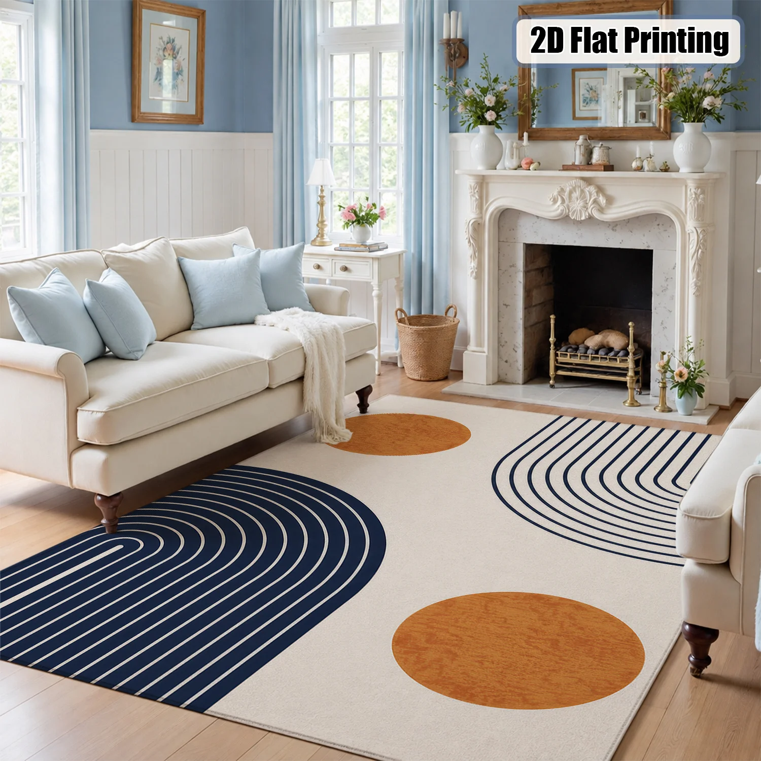 Large Indoor Area Rug, Soft Velvet Low Pile Rug with Non-slip Dotted Backing, Machine Washable Mid-Century Modern Geometric Accent Rug for Living Room, Bedroom, Entryway, Navy Blue & Terracotta Abstract Design - view 3