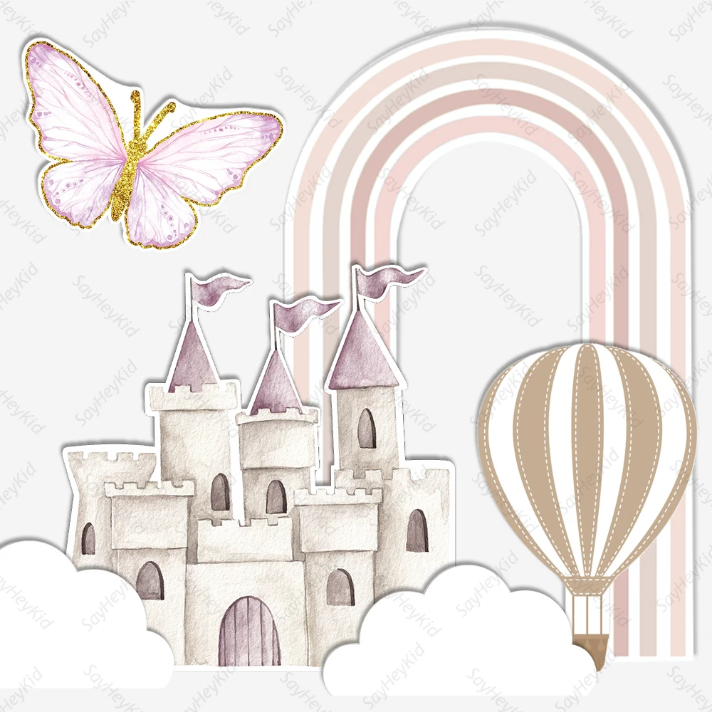 36/67Inch Pink Castle Kt Board Hot Air Balloon Cutour Baby Shower Birthday Girls Boho Party Backdrop Photo Props Cardboard Decor