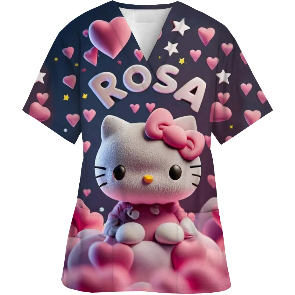 

V-Neck Pocket Hello Kitty Care Workers T-Shirt Tops Clinic Working Clothing Women Short Sleeve Scrub 3D Print Nurse Uniform