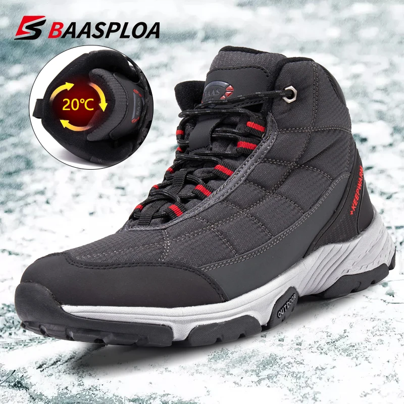 Baasploa 2023 New Men\'s Leather Cotton Shoes Waterproof Boots Travel Hiking Shoes Warm Winter Sneakers Casual Walking Shoes