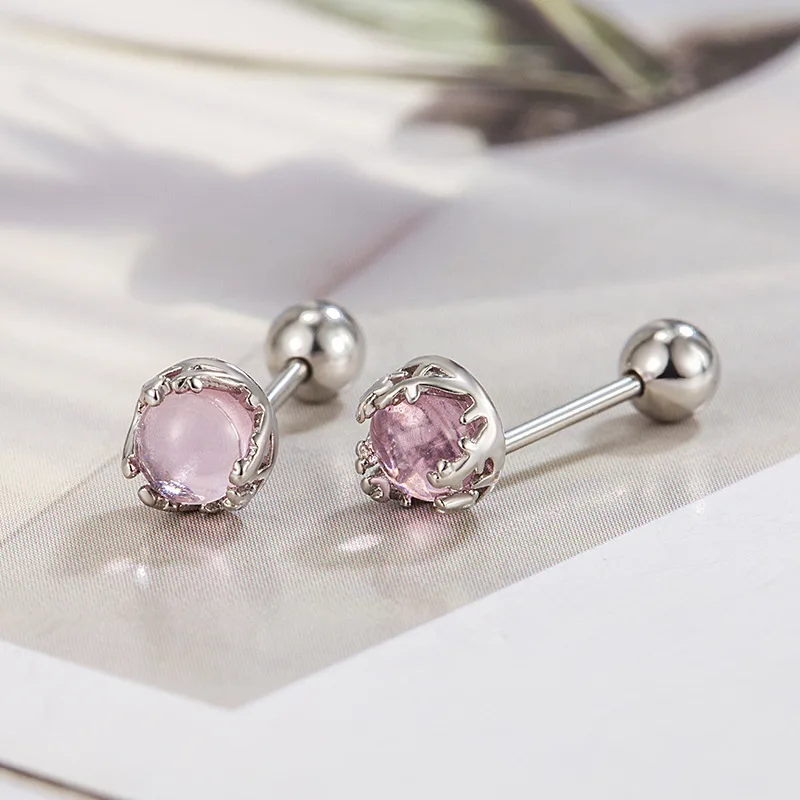 Punk Colorful Moonstone Stud Earrings for Girls Cute Hip Hop Screw Female Korean Fashion Round Earring Bestie Piercing Jewelry