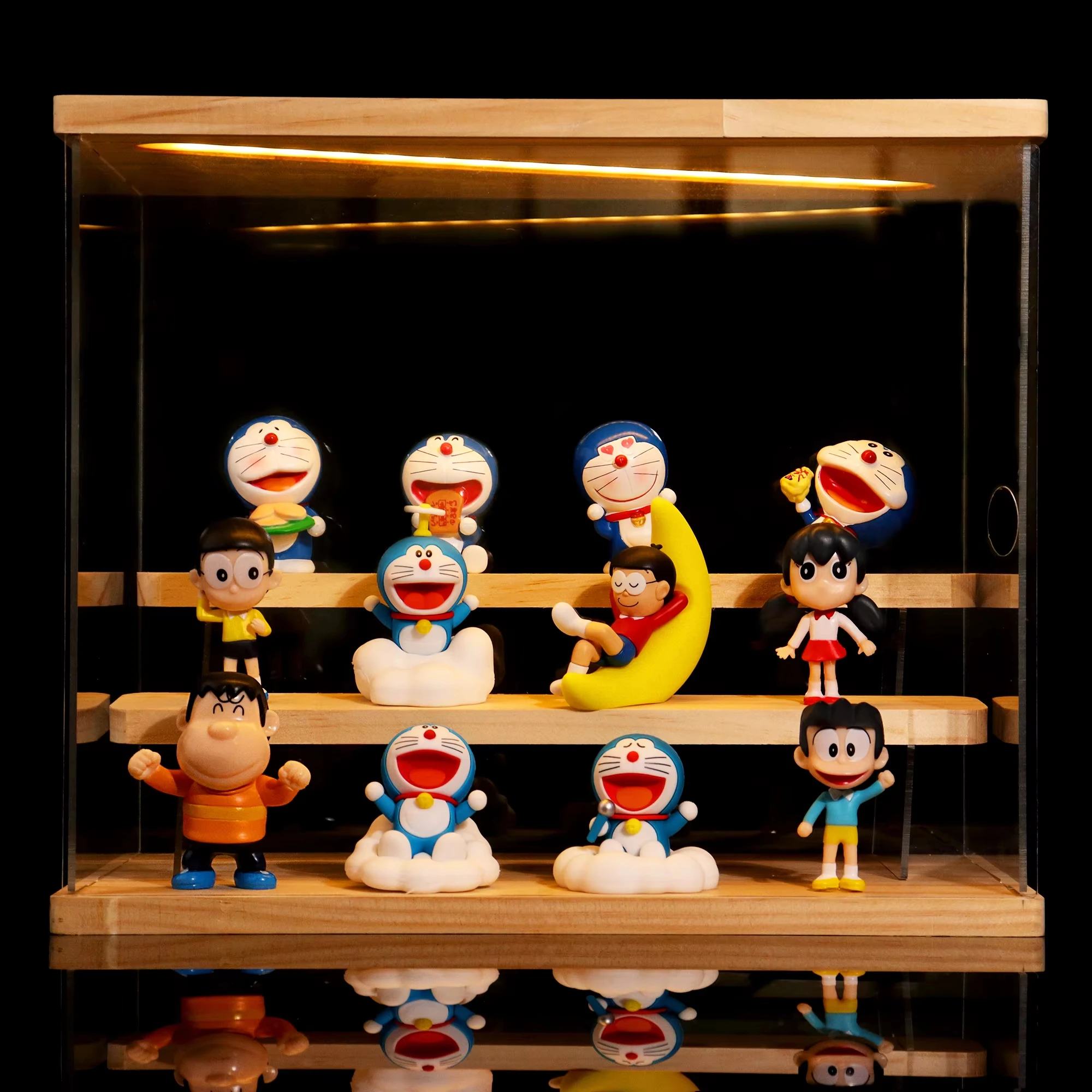 Dustproof Acrylic Display Case with LED Light, Wooden Base Showcase Compatible with Funko Pop Mini Figures