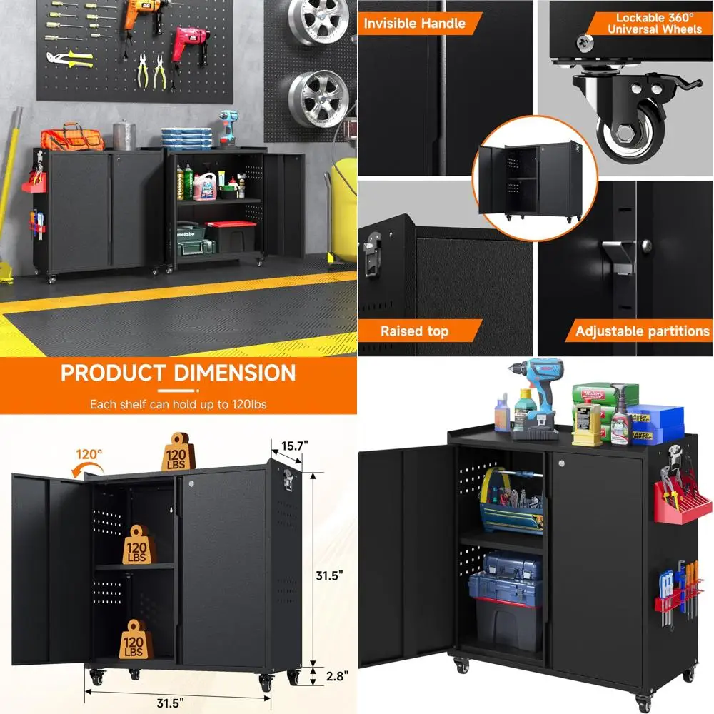 

Industrial-Grade Steel Cabinet with Wheels, Lockable Door, Adjustable Shelves - Black, Suitable for Garage, Warehouse, Office, S