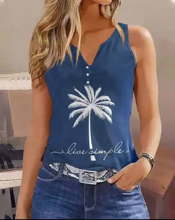 Female Sexy Elegant Coconut Tree Printed Camis Tank Top New Contrast Lace Casual Tank Top Slim Fit Short Top Sleeveless Tank Top