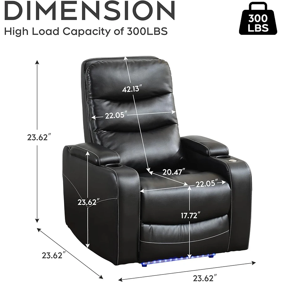 Power Recliner Chair With LED Light, USB Port, Cup Holder Tray Table Faux Leather Electric Reclining Chair Home Theater Seating