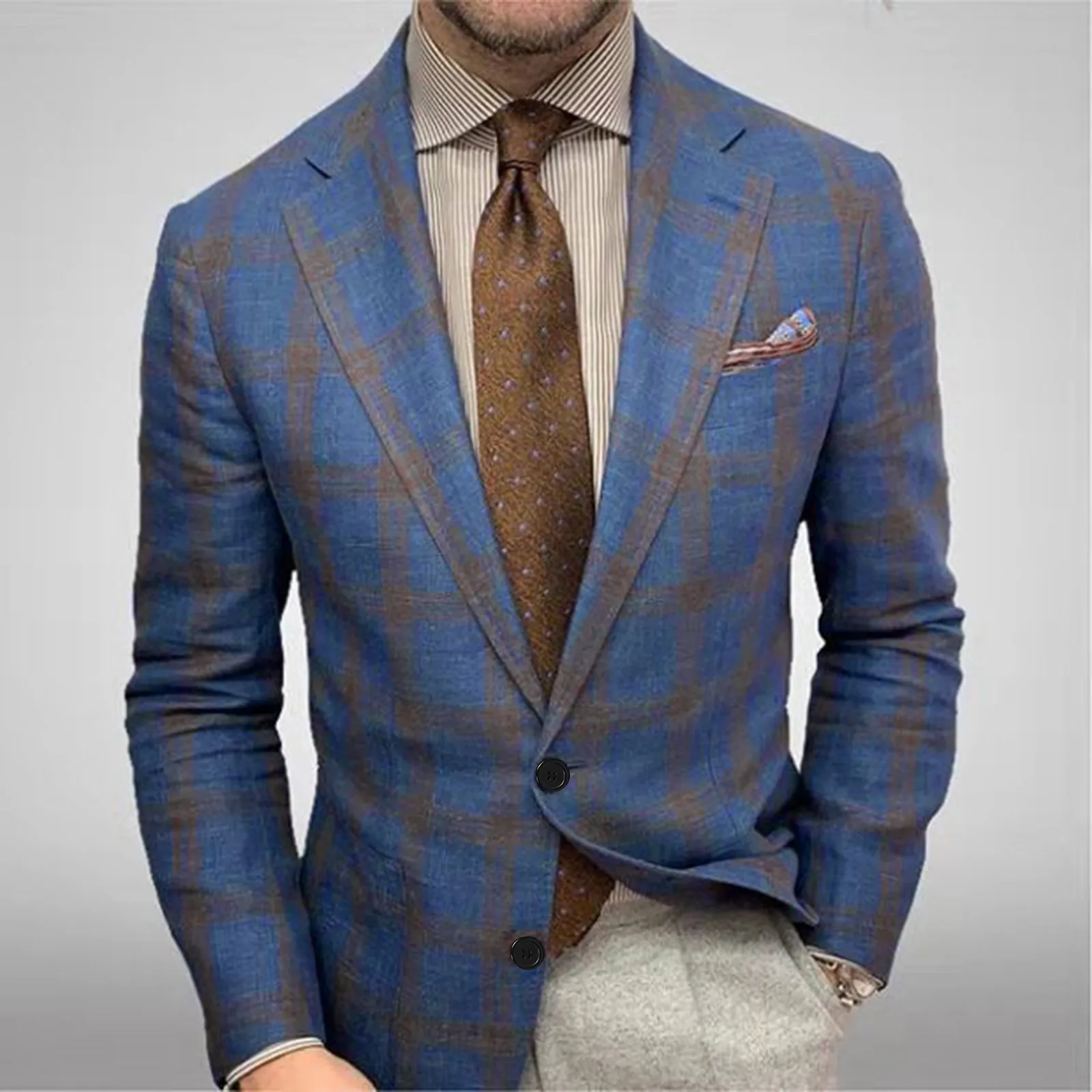 Men\'s Suit Jacket Checkered Striped Lapel Long Sleeved Casual Double Button Slim Fitting Men Clothing Wedding Suits For Men