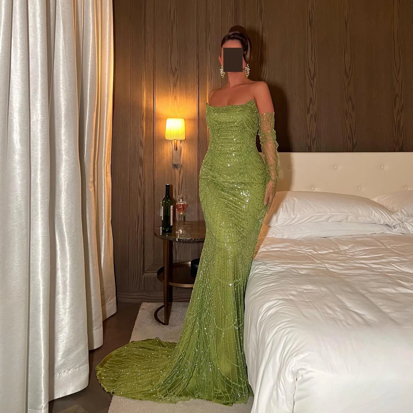 Sharon Said Luxuriöse Dubai Meerjungfrau Abendkleider in Grün-Schwarz mit Handschuhen Arabische Damen Hochzeits-Partykleider SS606 Maßanfertigung – Detail 5