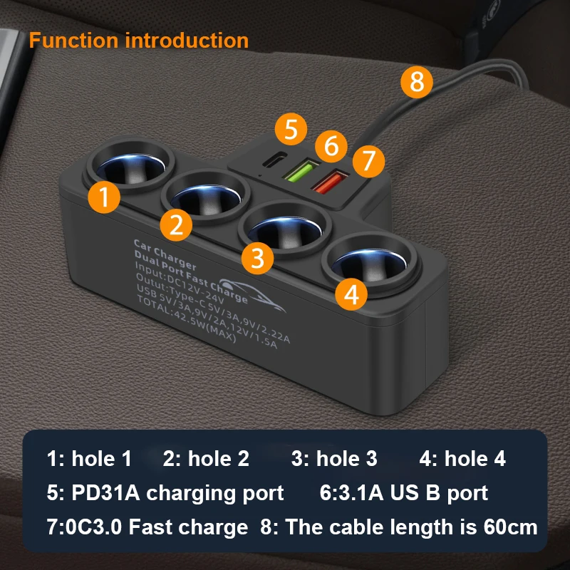 120W high power car charger USB C/ one tow four plug converter Car socket support Apple, Samsung, Xiaomi, Huawei,