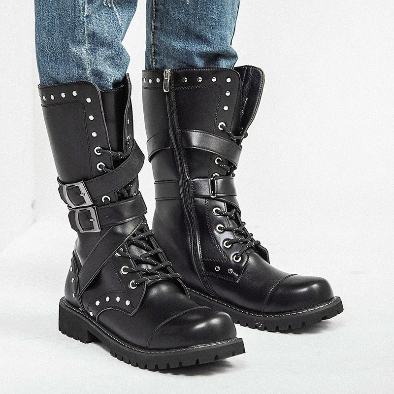 

Men's Korean style fashion long leg PU boots, high leg men's boots, lace up denim horse boots motorcycle shoes botas moto 44/45