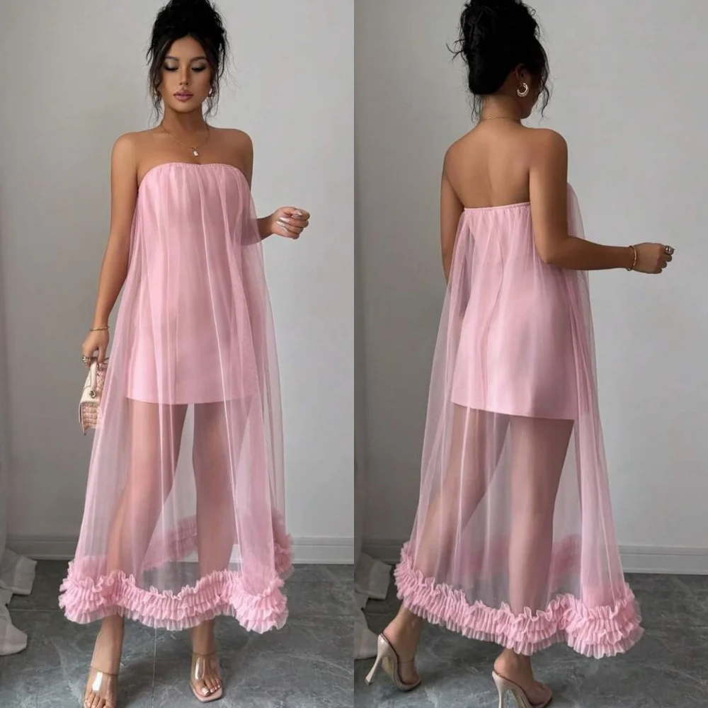 

Customized Chinese Style Matching Tulle Ruched Draped Straight Strapless Midi Dresses Bespoke Occasion Dresses Sizes Available
