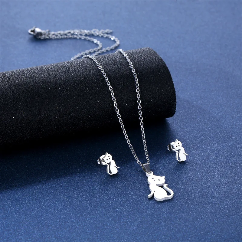 Stainless Steel Snake Jewelry Sets Fashion Women Cute Cat Kitty Monkey Horse Necklaces Earings Set Fashion Steel Pet Gifts