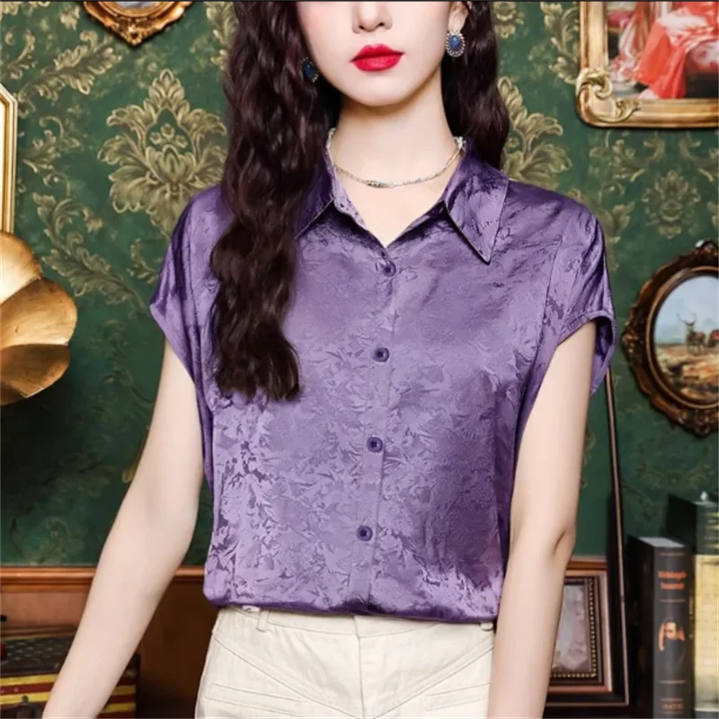 

Silk Shirt For Women Blouse Short Sleeve Blous Cardigan Top Satin Jacquard Shirt Summer Luxury Woman Clothes Shirts