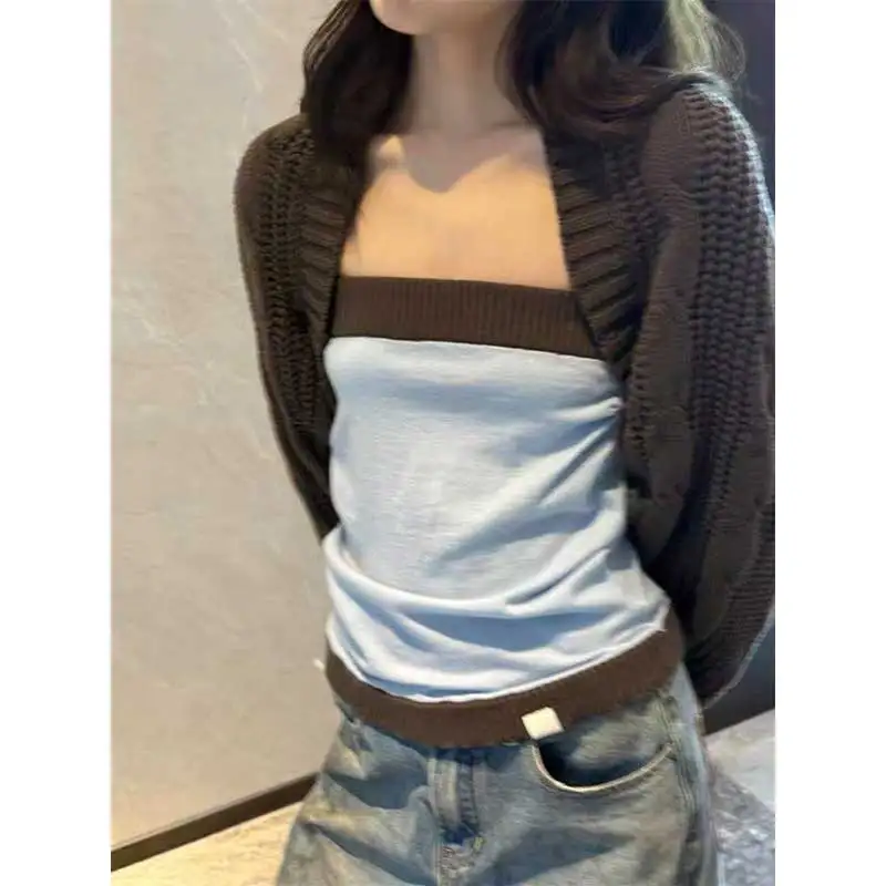 Women Clothing Autumn Fashion Simplicity All-match Color Blocking Knitting Female Patchwork Temperament Two-piece Set Sweater