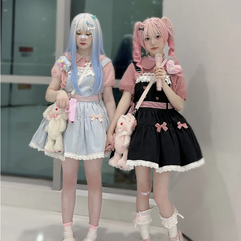 Japanese Kawaii Lolita Dress Women Sweet Bow Lace Ruffles Harajuku Y2k Sleeveless Strap Dresses Cute Party Mini Princess Dresses