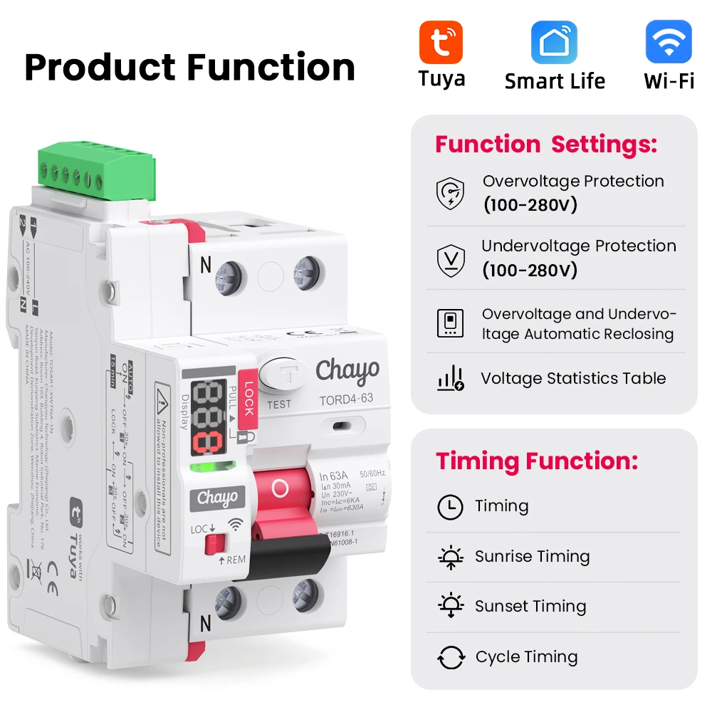Chayo Tuya WiFi Type B RCD(RCCB) 2P 6-63A 30-300mA,Auto Recloser Over Under Voltage Breaker EV Charging Protection