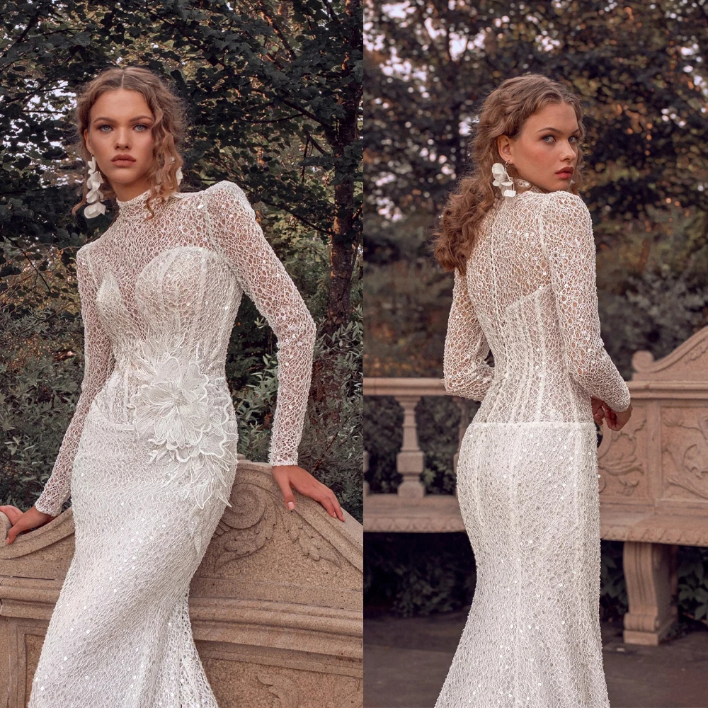 Luxury Mermaid Wedding Dresses High Collar Long Sleeves Appliques Lace Bridal Gowns Sweep Train Customized Wedding Dress
