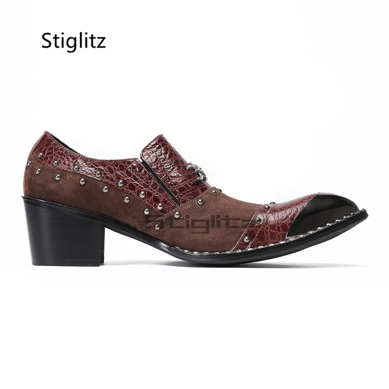 Metal Buckle High Heeled Men's Dress Shoes Genuine Leather Iron Toe Rivet Shoes Slip On Leather Formal Party Dress Shoes for Men