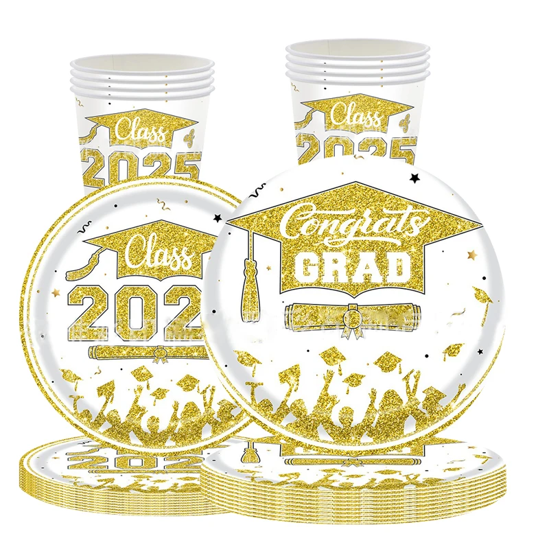 8Guests Graduation Season Theme Disposable Tableware Golden Class 2025 Paper Plates Napkins Happy Congrats GRAD Party Decor