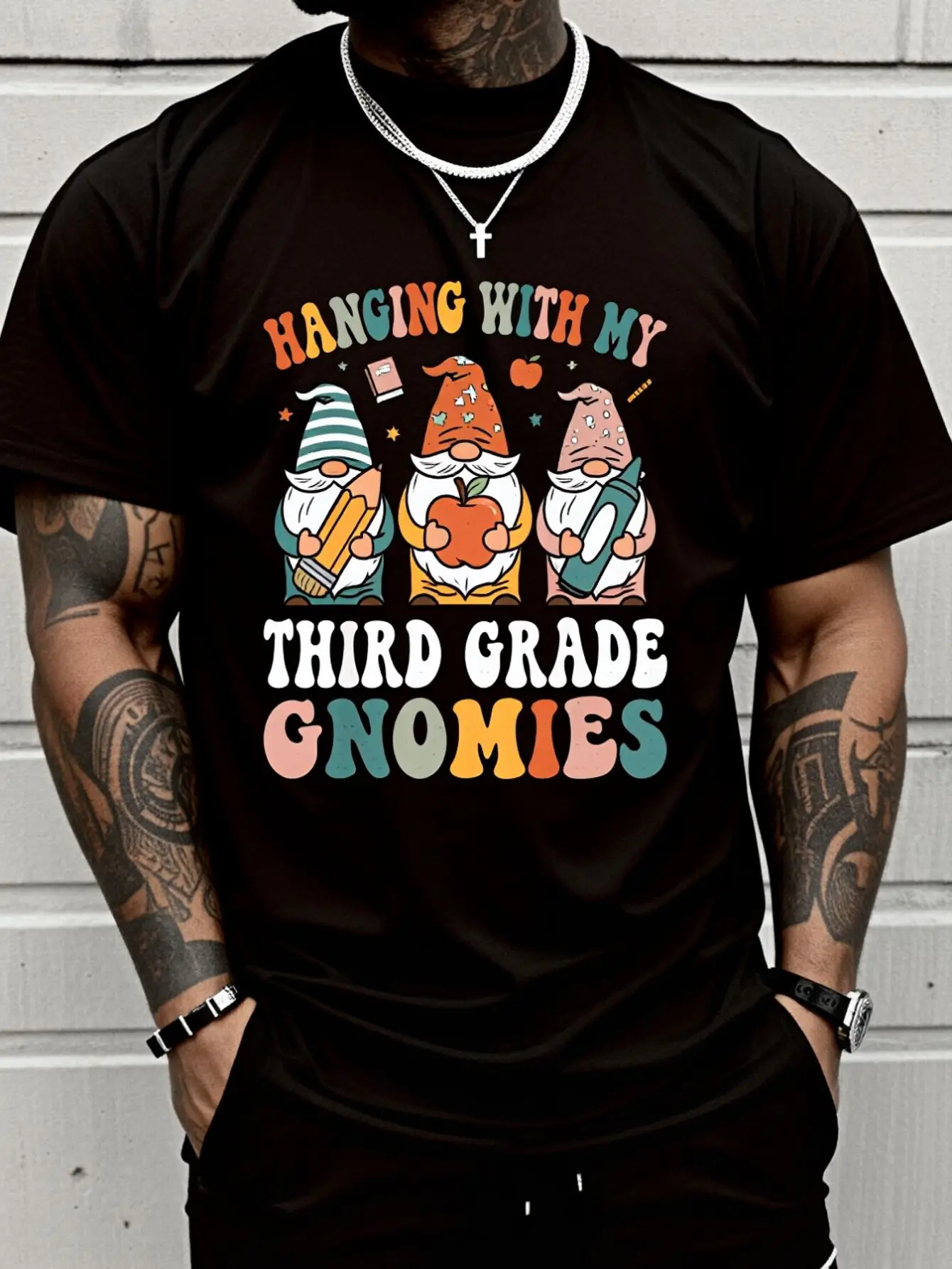 100% Cotton Hanging With My Third Grade Gnomies 100th Day Of School T-Shirt Cotton Women Clothing Black Top Graphic Tees Men Christmas Clothes