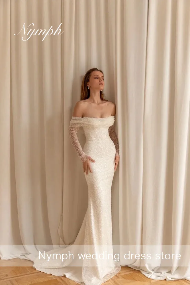 

Индивидуальное блестящее свадебное платье русалки со съемным шлейфом и открытыми плечами, с длинными рукавами, Vestido De Renda Estilo Sereia