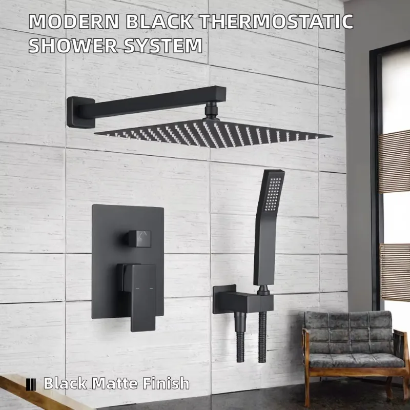 Matte Black Modern Thermostatic Faucet Wall-Mounted Brass Shower System Rain Spray Handheld Complete  Shower Set Bathroom