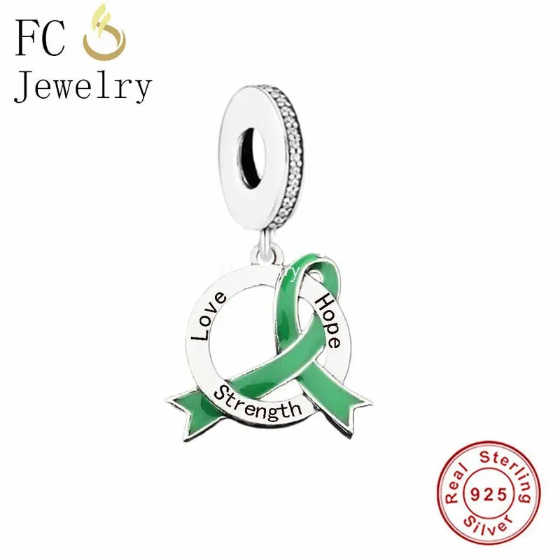 FC Jewelry Fit Original Pan Charms Bracelet 925 Silver Green Ribbon Metal Health Awareness Bead For Making Women Berloque DIY