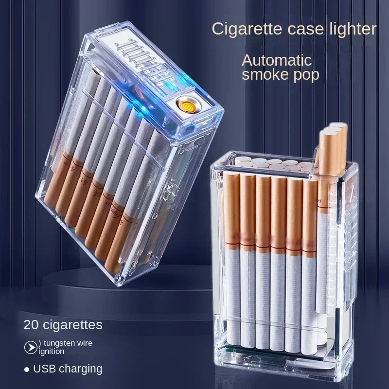 Creative Transparent Automatic Pop-up Cigarette Case Lighter Tungsten Ignition Cigarette Case Rechargeable Cigarette Case