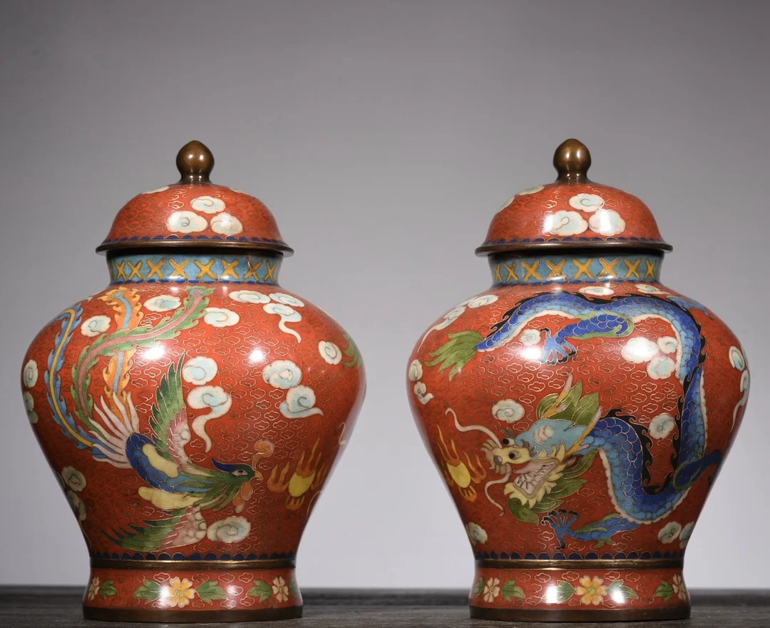 

11"Tibetan Temple Collection Old Bronze Cloisonne Enamel Dragon Phoenix pattern general jar storage jar a pair ornament