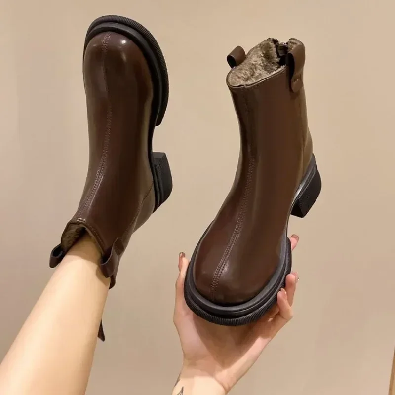 

New Women Ankle Boots Fashion Female Square Heel Low-Heel Shoes Lady Boots Leather Woman Low-heel Keep Warm Ankle Boots