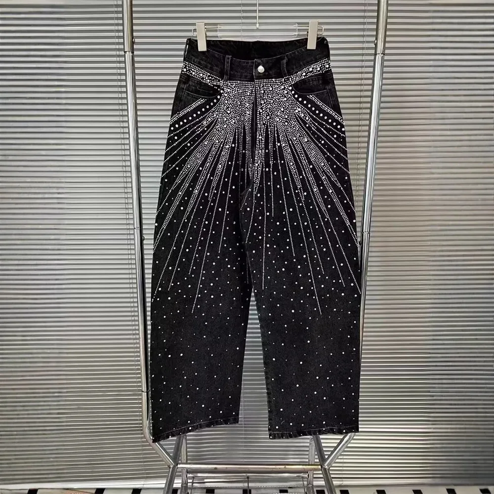 

2026 Spring Summer American Vintage Men's Heavy Duty Rhinestone Star Print Jeans Washed Baggy Straight Leg Denim Pants Vibes