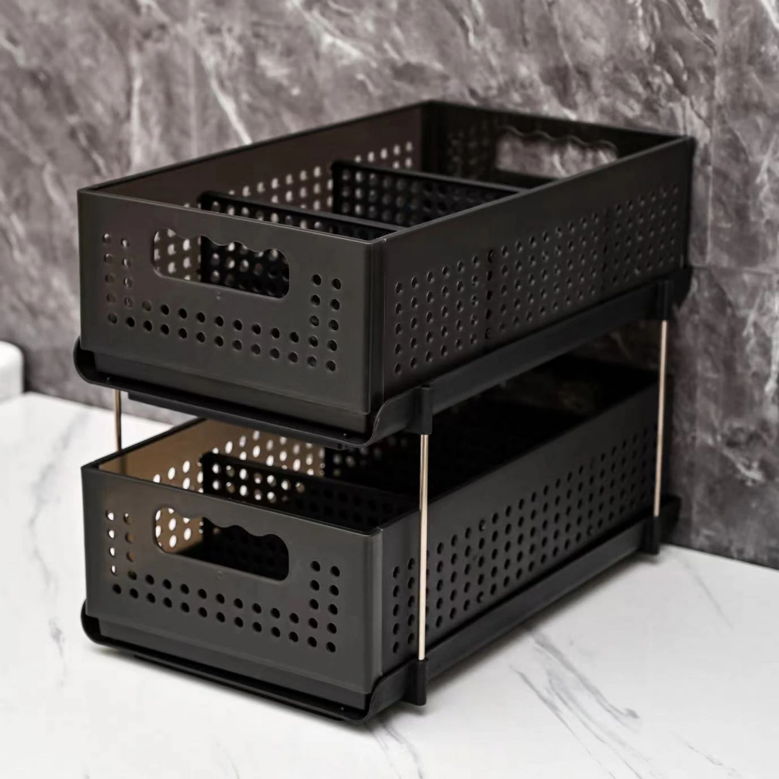 

2-уровневый выдвижной органайзер для ванной комнаты, большая вместимость, выдвижная корзина, ящики, универсальные аксессуары для домашнего хранения