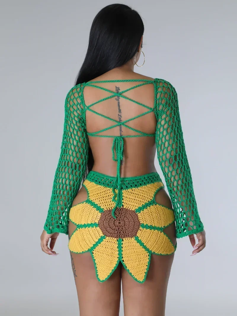 GUWU-Conjunto de dos piezas de girasoles para mujer, Top corto y minifalda por debajo de la rodilla, traje Sexy para vacaciones en la playa, tejido de ganchillo y girasol