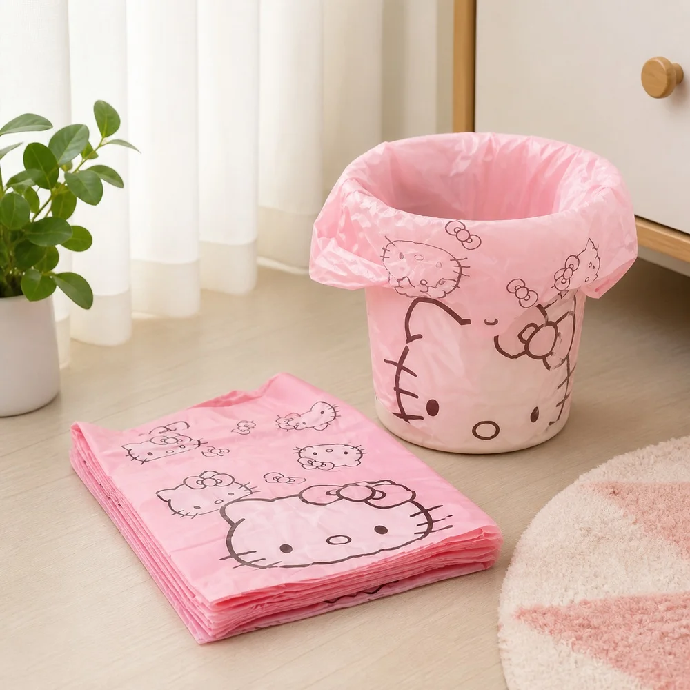 Pink Cartoon Cat Printed Vest Trash Bags 50Pcs 30x50cm Plastic Garbage Bags Kitchen Bathroom Waste Bin Liners Household Supplies