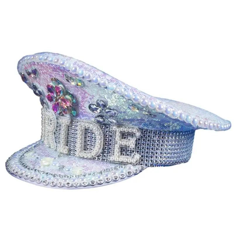 652F Jeweled Hat Glinting Crystal Heavy Pearls Captain Hat for Bachelorette Party