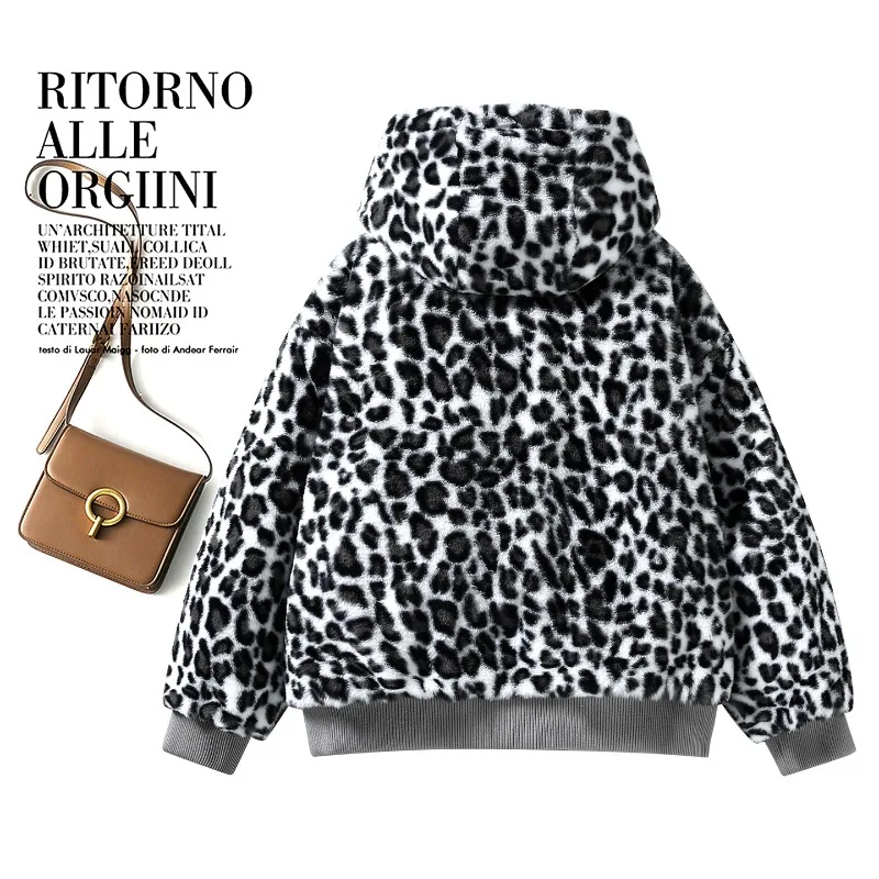 Women Double-sided Penetration Leopard Print Cotton Padded Jacket Winter Coat Parkas Velvet Warm Hooded Retro Female Outerwear