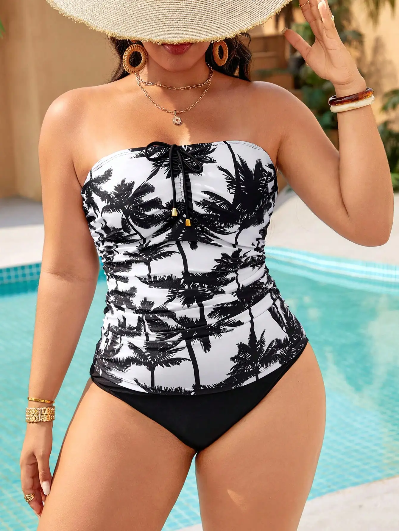 

Женский комплект бикини больших размеров с принтом пальм, без бретелек, с драпировкой, для пляжа и бассейна