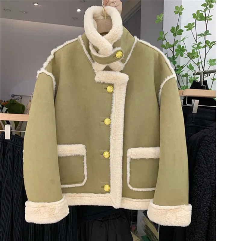 Suede Jacket Women Winter Coat Single Breasted Spliced Fashion Motorcycle Coat Thick Warm Faux Lamb Wool Leather Jacket Female