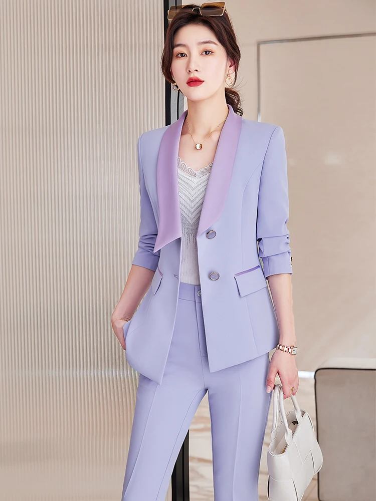 Blazer et pantalon formel pour femme, veste femme, surintendant ser, vêtements de travail d'hiver pour dames de bureau, mode, rose, violet, imbibé, ensemble 2 pièces