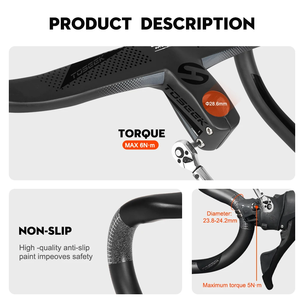 TOSEEK Fahrradlenker Drop Bar T800 Rennrad-Carbonlenker Integrierter Rennradlenker Gebogener Lenker Interne Kabelführung Fahrradteil – Detail 14