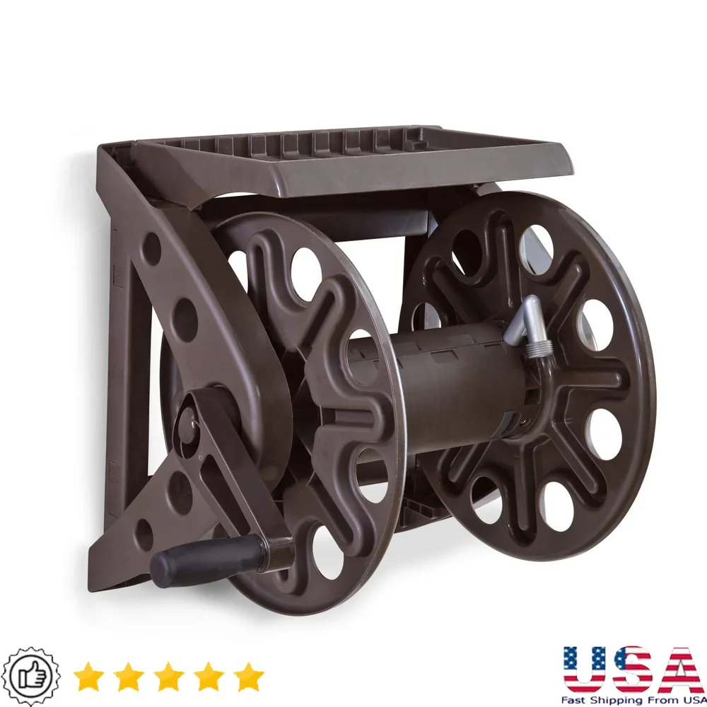 

Wall Mounted Hose Reel with Shelf Holds 225 Feet 5/8 Inch Hose Comfortable Rubber Handle Garden Accessories Storage Poly Resin