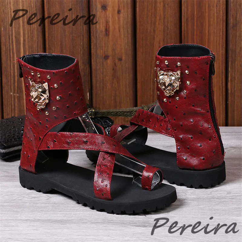 

Men's Rivet High Top Sandals Cowhide Hollow Thick Soled Flip-Flops Open Toe Zipper Genuine Leather Breathable Flat Casual Shoes