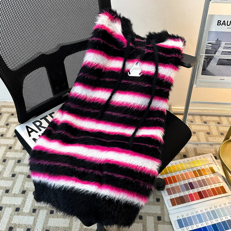 2025 가을 겨울 미국 레트로 스타일 남성 스트라이프 핑크 블랙 컬러 블록 루즈 캐주얼 데일리 니트 스웨터