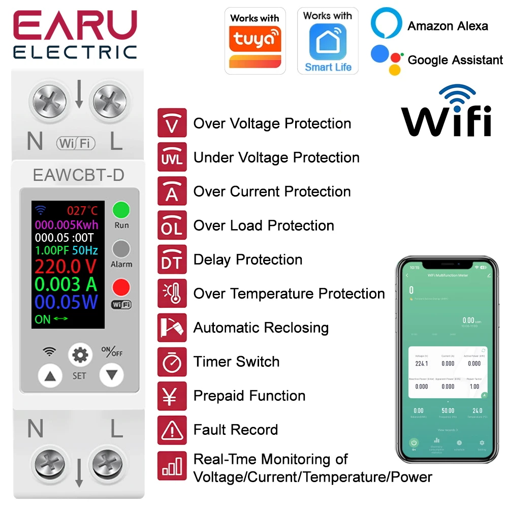 EARU 1P+N Tuya WiFi Smart MCB Circuit Breaker Current Voltage kWh Power Energy Meter Protector Remote Control Timer Relay Switch