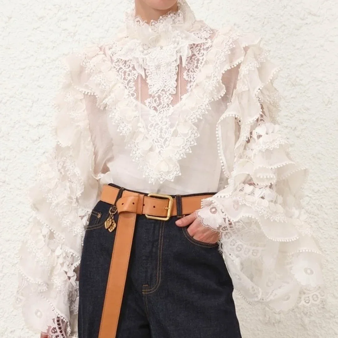 

Sexy Silk2025 New White Long Sleeve Lace Patchwork Ruffles Blouse Tops For Womenparty
